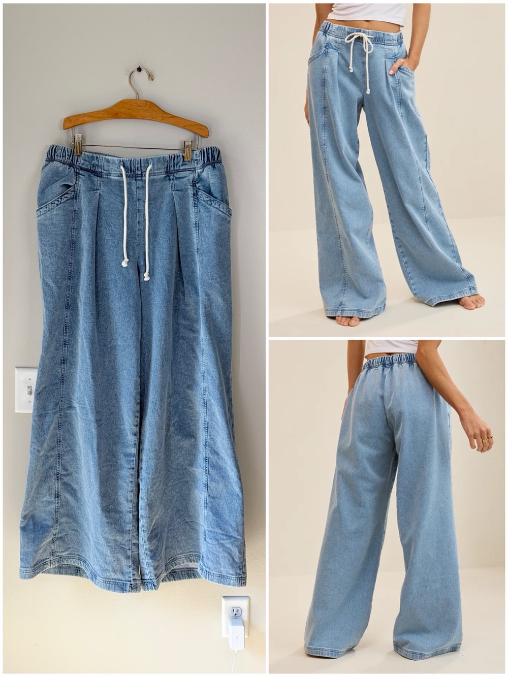 Aerie Daydream Denim Stretch Wide Leg Trouser Pants Size Large LONG